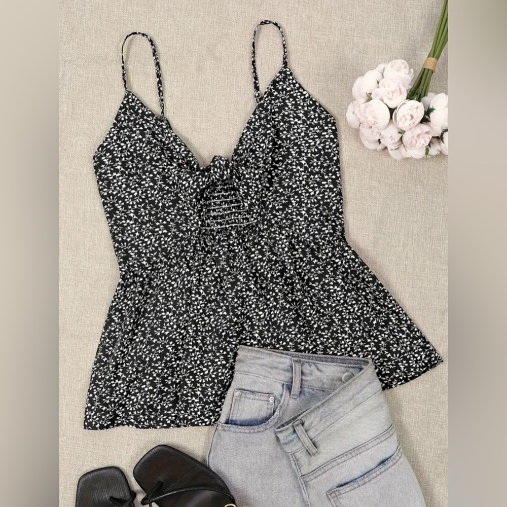 Black and White Floral Flowy Tank with Bow